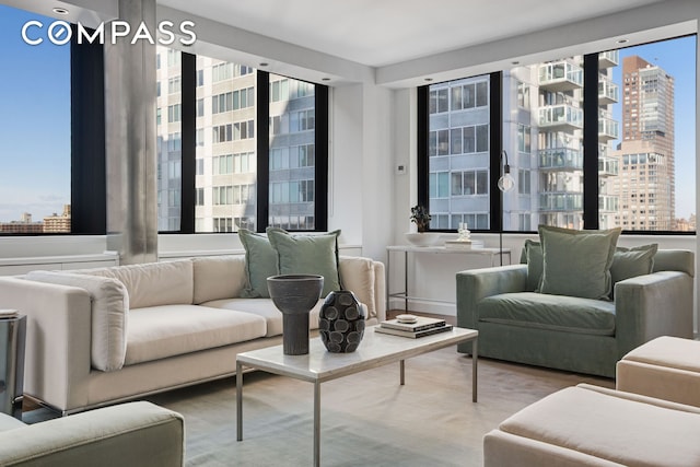 living area featuring a city view and wood finished floors