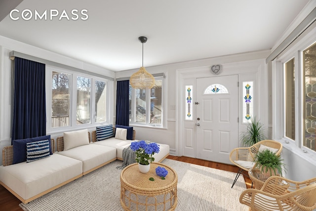 living area featuring plenty of natural light and wood finished floors