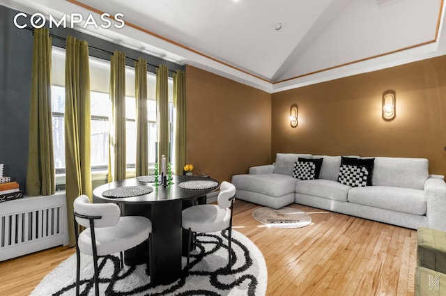 living room featuring lofted ceiling and wood finished floors