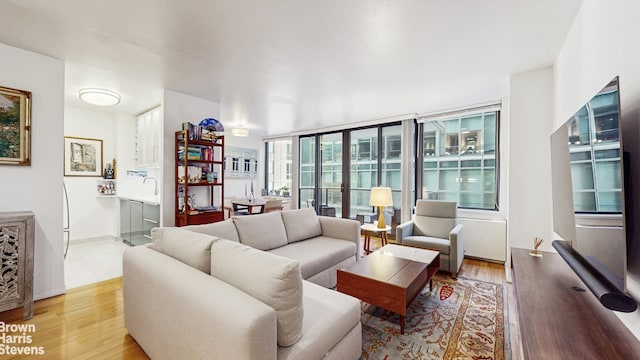 living area with light wood-type flooring and floor to ceiling windows