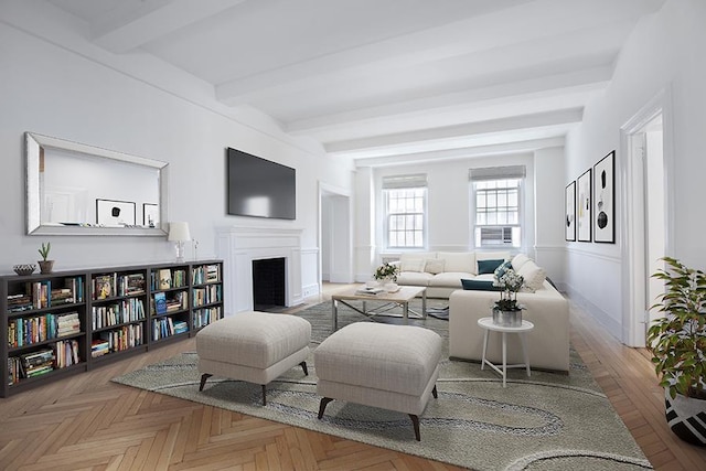 living room with a fireplace with flush hearth, cooling unit, and beam ceiling