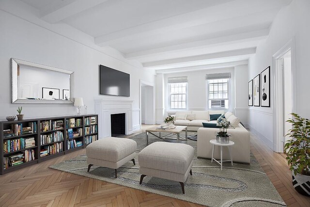 21 E 66th St Unit 4-E, New York City, NY 10065 - living room featuring baseboards, a fireplace with flush hearth, beam ceiling, and cooling unit