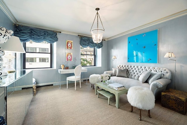 living area with carpet and crown molding