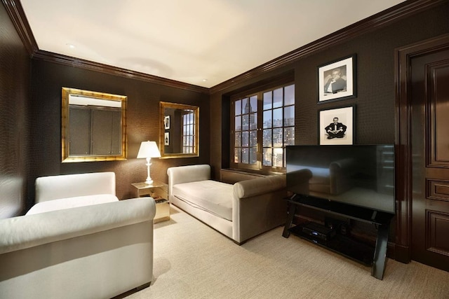 living area with light carpet and ornamental molding