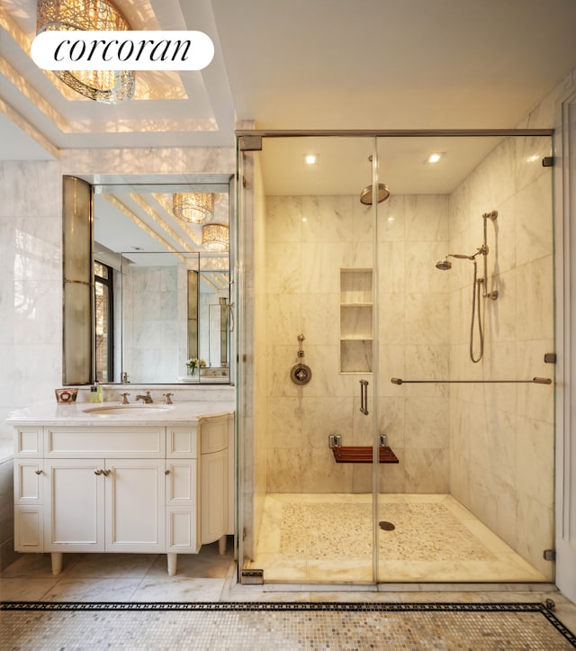 180 E 93rd St Unit 2, New York City, NY 10128 - full bathroom with a stall shower, vanity, and recessed lighting