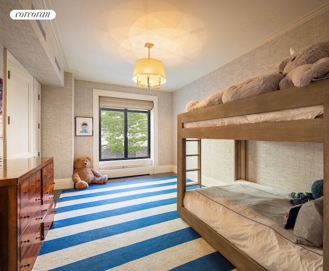 180 E 93rd St Unit 2, New York City, NY 10128 - carpeted bedroom with baseboards, wallpapered walls, and ornamental molding