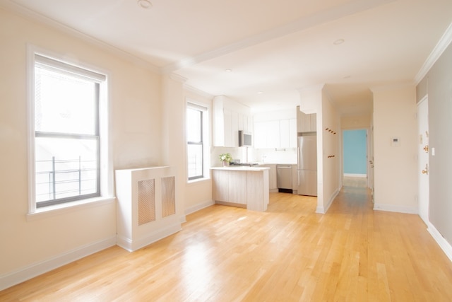 interior space featuring ornamental molding, light wood-style floors, and a healthy amount of sunlight