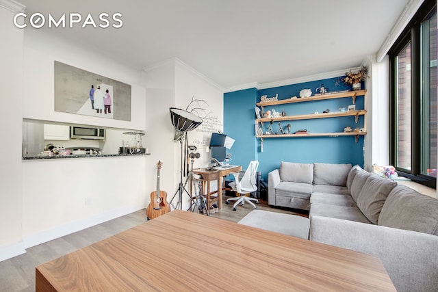 living area featuring crown molding, wood finished floors, and baseboards