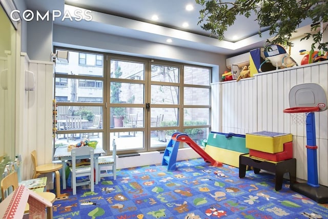 game room featuring carpet and recessed lighting