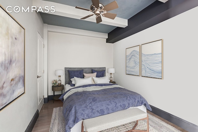 bedroom with ceiling fan, baseboards, beam ceiling, and wood finished floors