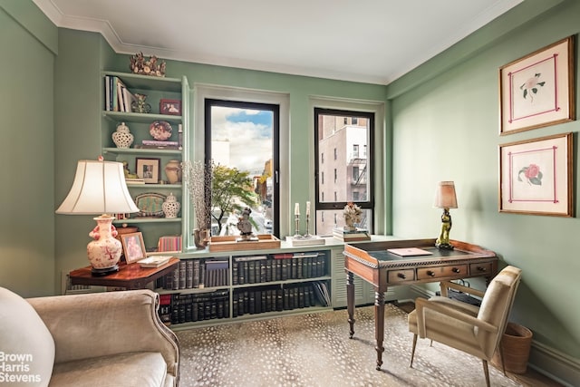 home office with baseboards and crown molding