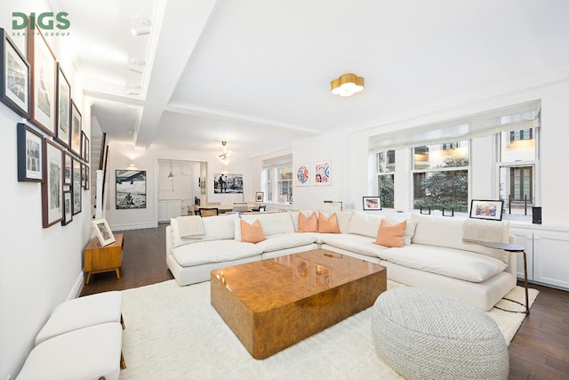 living area featuring beam ceiling, dark wood finished floors, and baseboards