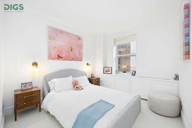 bedroom featuring carpet floors and crown molding