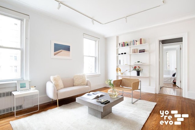 living room featuring baseboards, wood finished floors, rail lighting, and radiator