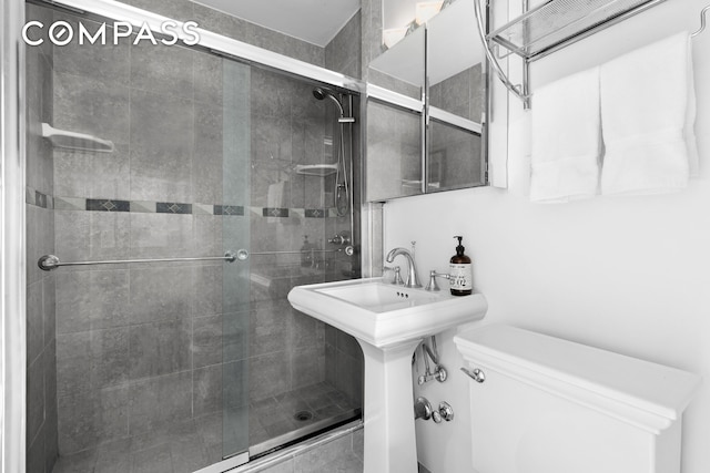 full bath featuring a shower stall and toilet