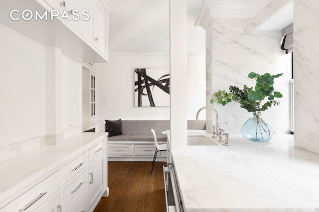 kitchen with light stone counters, a sink, white cabinetry, dark wood-style floors, and crown molding