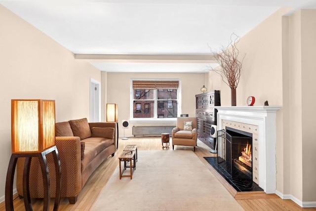 living area with a premium fireplace, light wood-style flooring, and baseboards