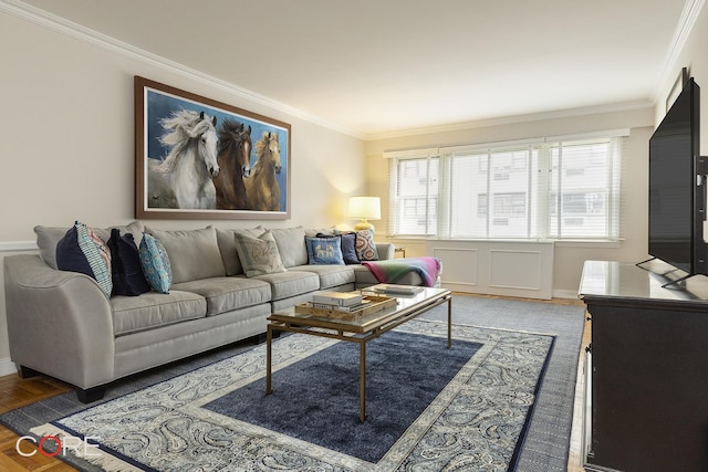 333 E 66th St Unit 9D, New York City, NY 10065 - living room featuring baseboards, ornamental molding, and light wood finished floors