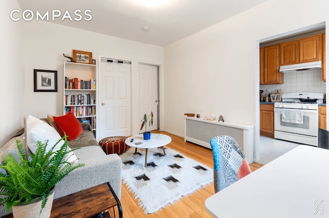 living area featuring radiator heating unit and light wood-style floors