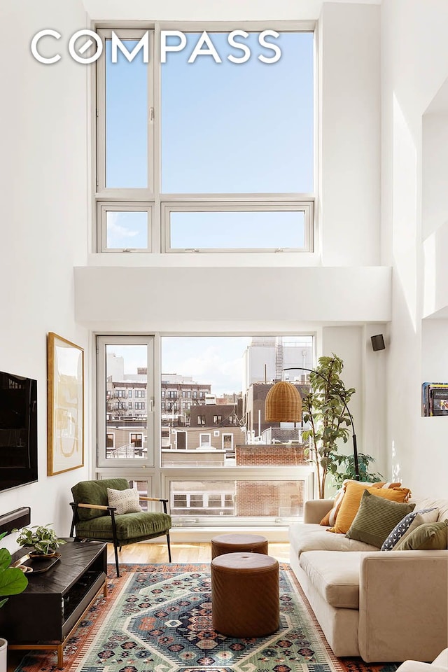 living area featuring a towering ceiling