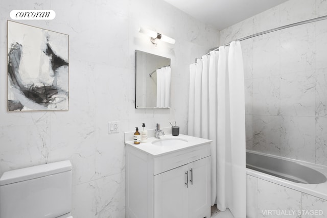 305 W 150th St Unit 705, New York City, NY 10039 - bathroom with tile walls, vanity, toilet, and a combined bath / shower with marble appearance