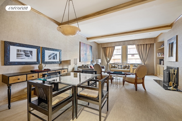 dining space featuring a fireplace, visible vents, beamed ceiling, and ornamental molding