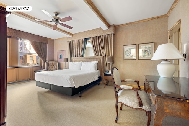 bedroom with beam ceiling, light colored carpet, ceiling fan, and visible vents