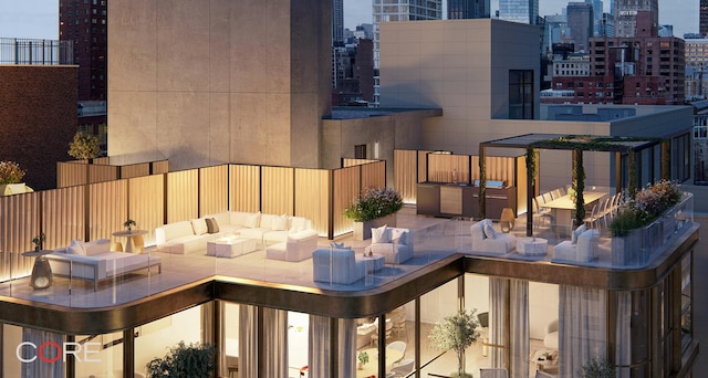 balcony featuring a view of city, a patio area, and an outdoor living space