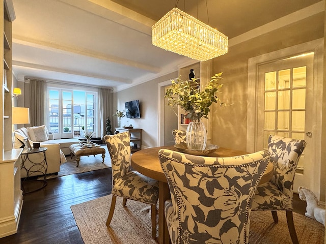 dining space featuring dark wood-type flooring, beamed ceiling, and a notable chandelier