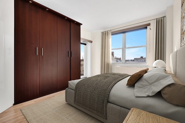 bedroom with a view of city, light wood finished floors, and a closet