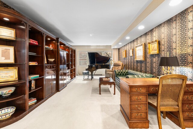 carpeted home office with recessed lighting and wallpapered walls