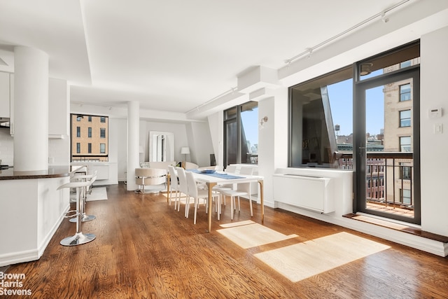 unfurnished dining area featuring track lighting and wood finished floors