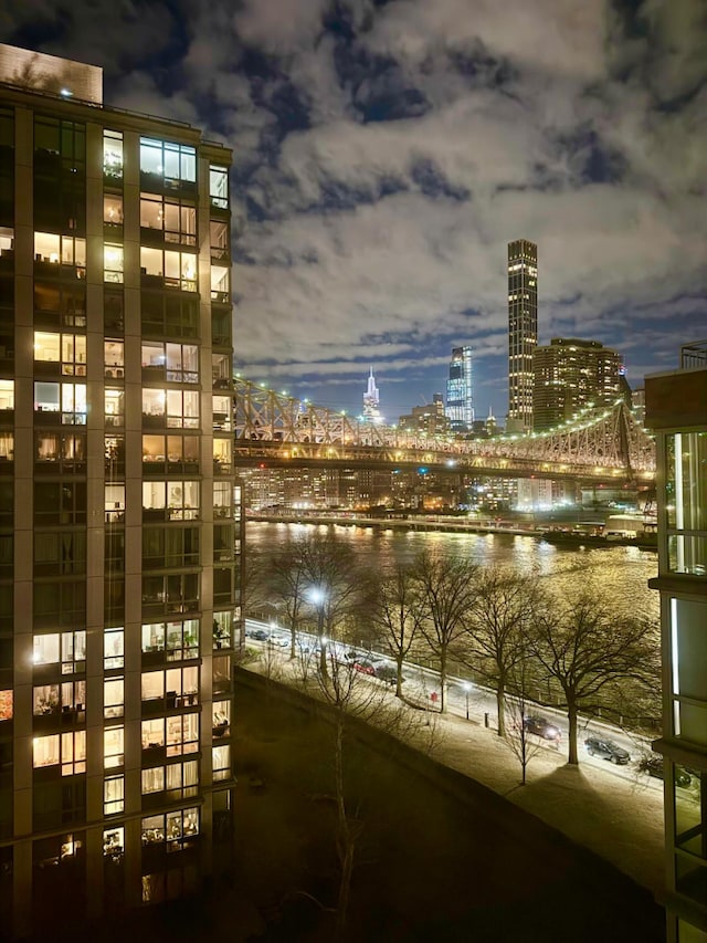 view of water feature with a city view