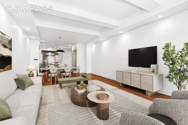 43 W 64th St Unit 4D, New York City, NY 10023 - living area featuring wood finished floors, recessed lighting, and beam ceiling