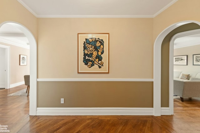 hallway with baseboards, parquet floors, arched walkways, and crown molding