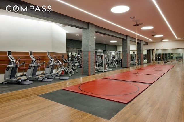 workout area featuring a high ceiling and wood finished floors