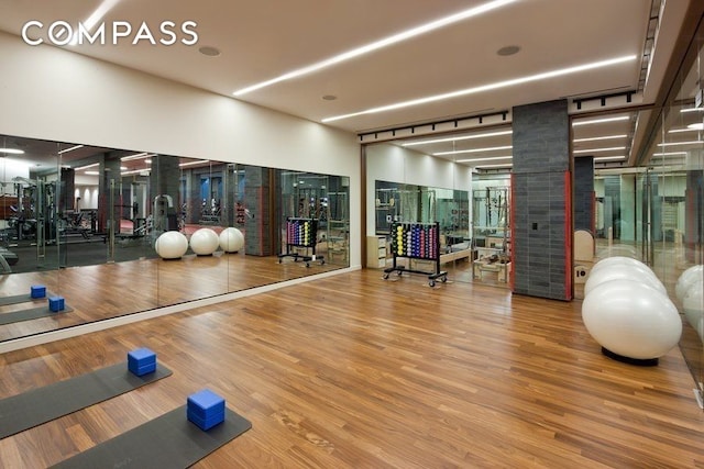 exercise room featuring wood finished floors