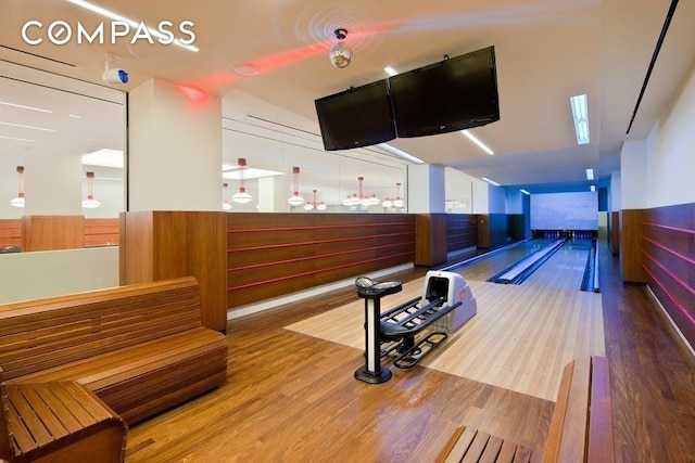 interior space with a bowling alley, a wainscoted wall, and wood finished floors