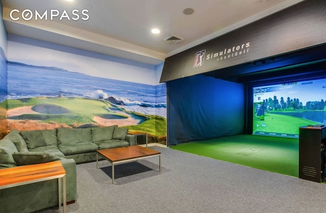 game room with golf simulator and carpet