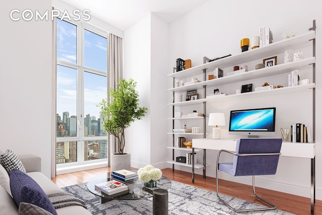 living area with wood finished floors, a desk, and baseboards