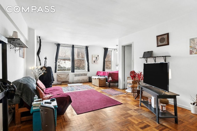 living room featuring radiator heating unit