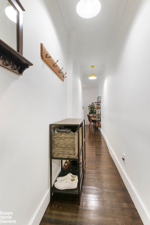 hallway featuring crown molding, baseboards, and dark wood-style flooring