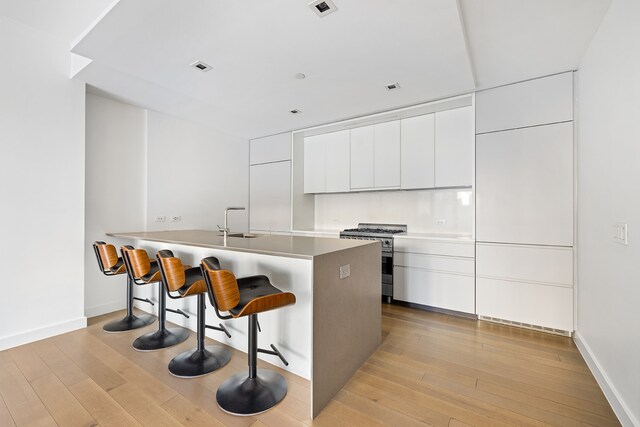 kitchen with a breakfast bar, light wood-type flooring, modern cabinets, and high end range