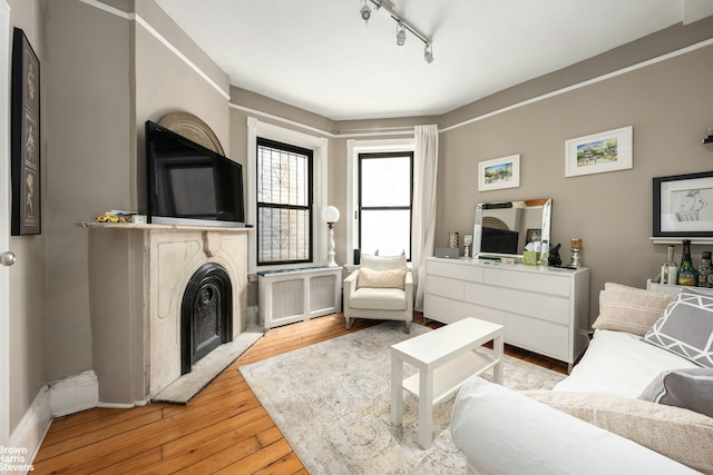 living area with rail lighting, baseboards, wood-type flooring, a fireplace with raised hearth, and radiator heating unit