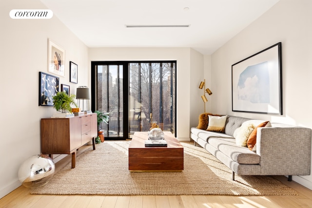 living room featuring hardwood / wood-style floors and baseboards