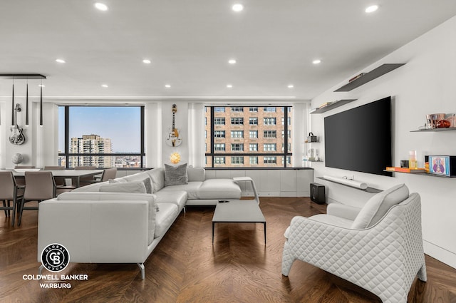 living room with recessed lighting