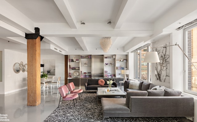 living room with beam ceiling