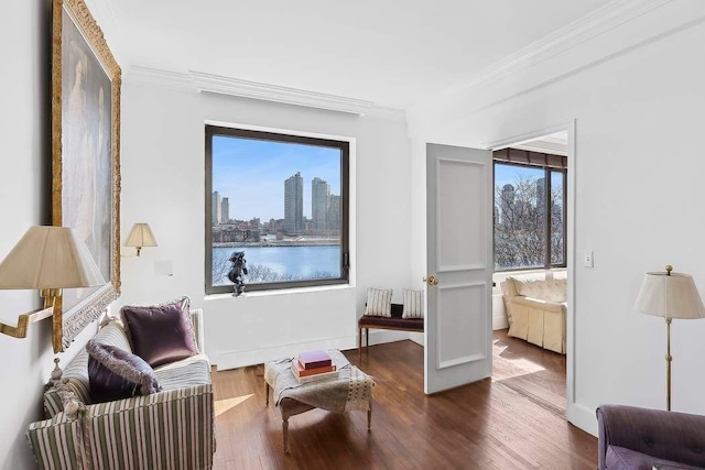 living area with crown molding, baseboards, a city view, and wood finished floors