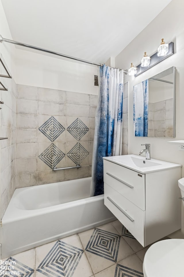 bathroom with toilet, shower / bathtub combination with curtain, vanity, and tile patterned floors