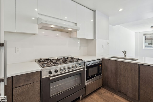 kitchen with a sink, stainless steel appliances, dark brown cabinetry, under cabinet range hood, and white cabinetry